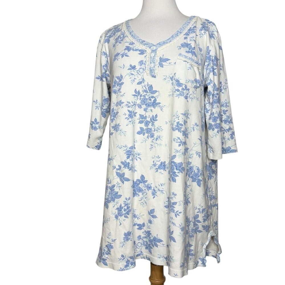 Miss Elaine Blue Floral Print Sleep Shirt Size Medium Cotton